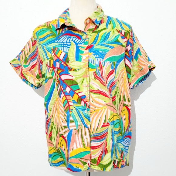 C&C California 100% Linen Short Sleeve Button Front Shirt Woman's Size Medium - Picture 1 of 11